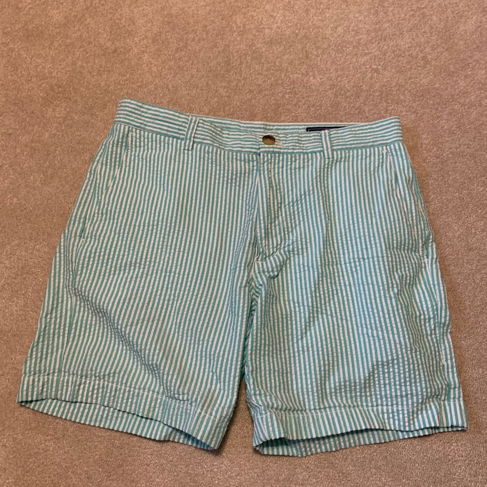 Men’s Vineyard Vines Cotton 7” Club Shorts Preppy Seersucker Sz 30 Green White
